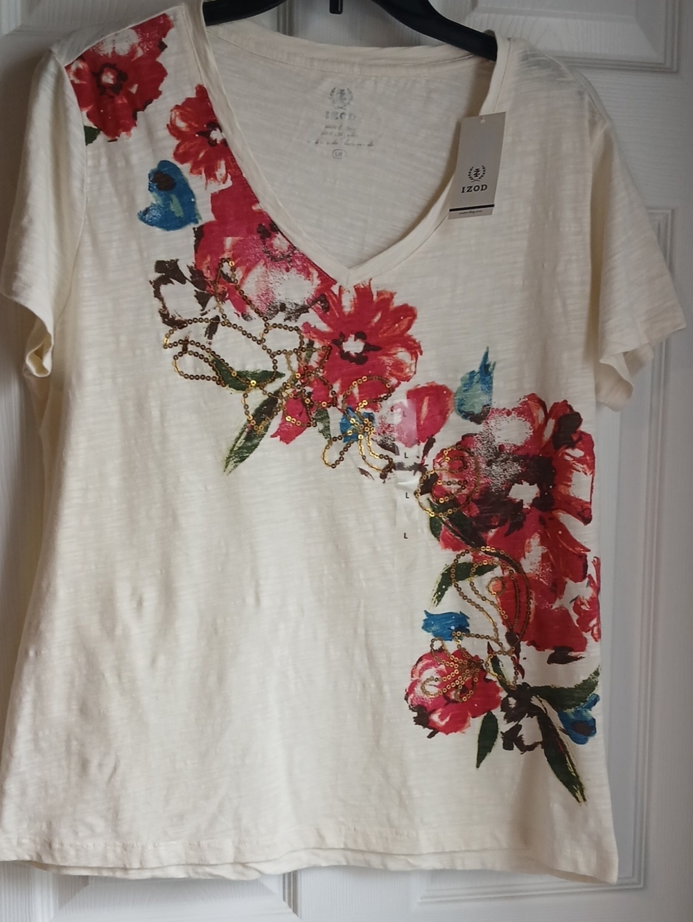 NWT Izod Cream V-Neck Tee with Red Floral & Blue Accents